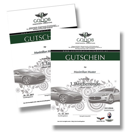 Gollob Sportwagenvermietung - Aston Martin Vantage - Maserati Gran Turismo - Corvette Z06 - Gutscheine